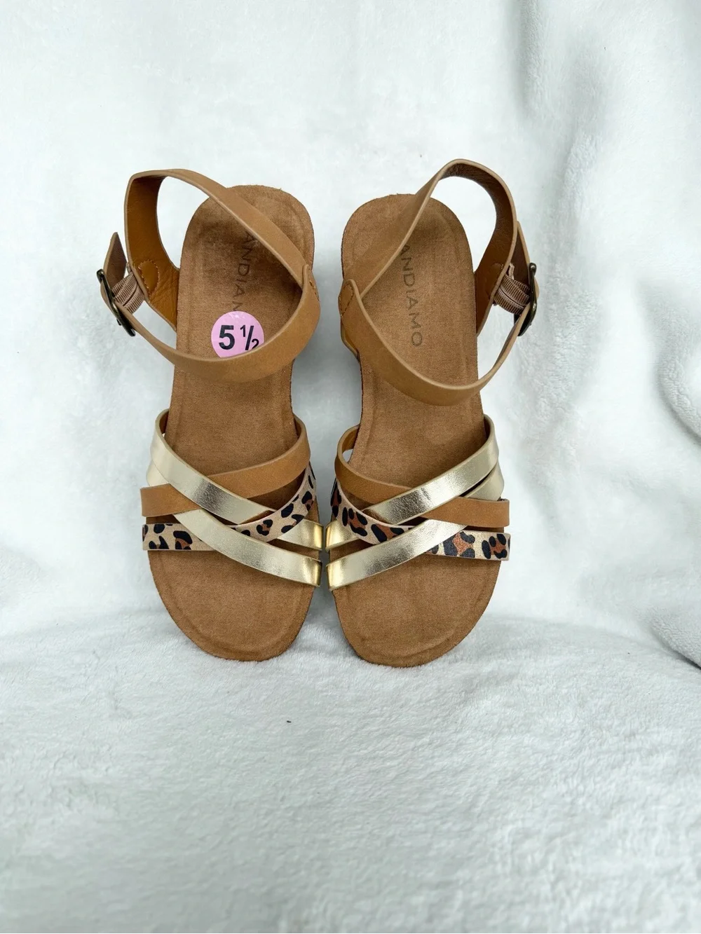 Andiamo Women’s Tan Wedge Sandals with Gold and Leopard Accents Size 5.5 New